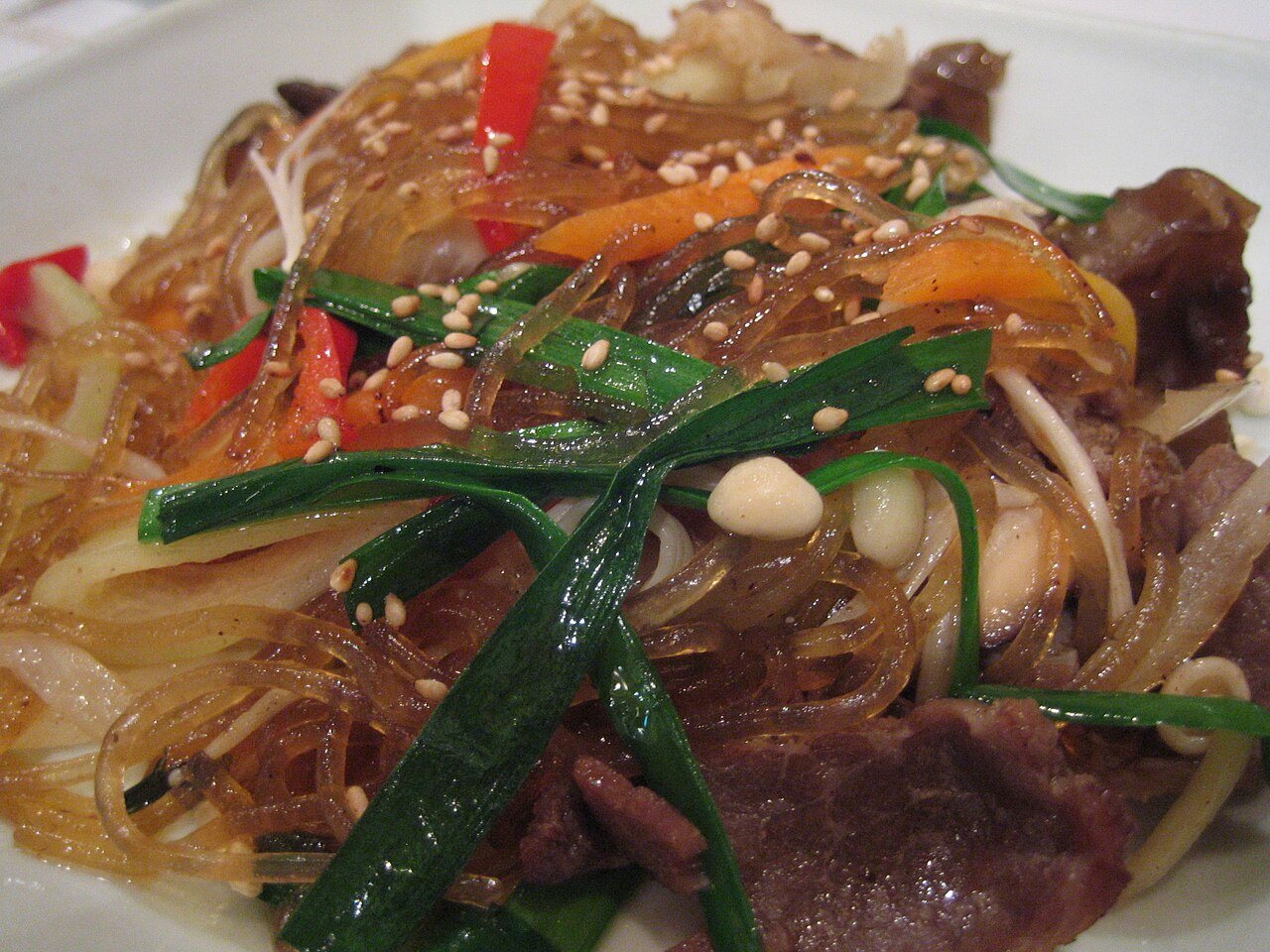 Japchae, glass noodles stir-fried with vegetables and beef