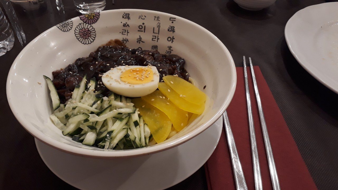 A bowl of jjajangmyeon, noodles in black bean sauce